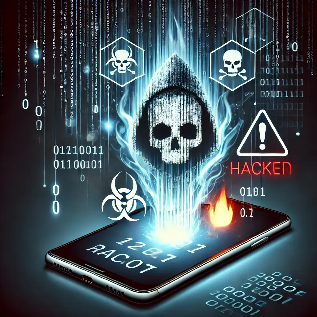 DALL·E 2024-12-31 19.52.54 - A symbolic illustration of a smartphone being hacked, featuring a glowing phone screen with warning icons like skulls and binary codes flowing out, su