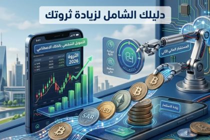 تصميم يوضح التمويل الشخصي بالذكاء الاصطناعي وأدوات التكنولوجيا المالية لزيادة الثروة.