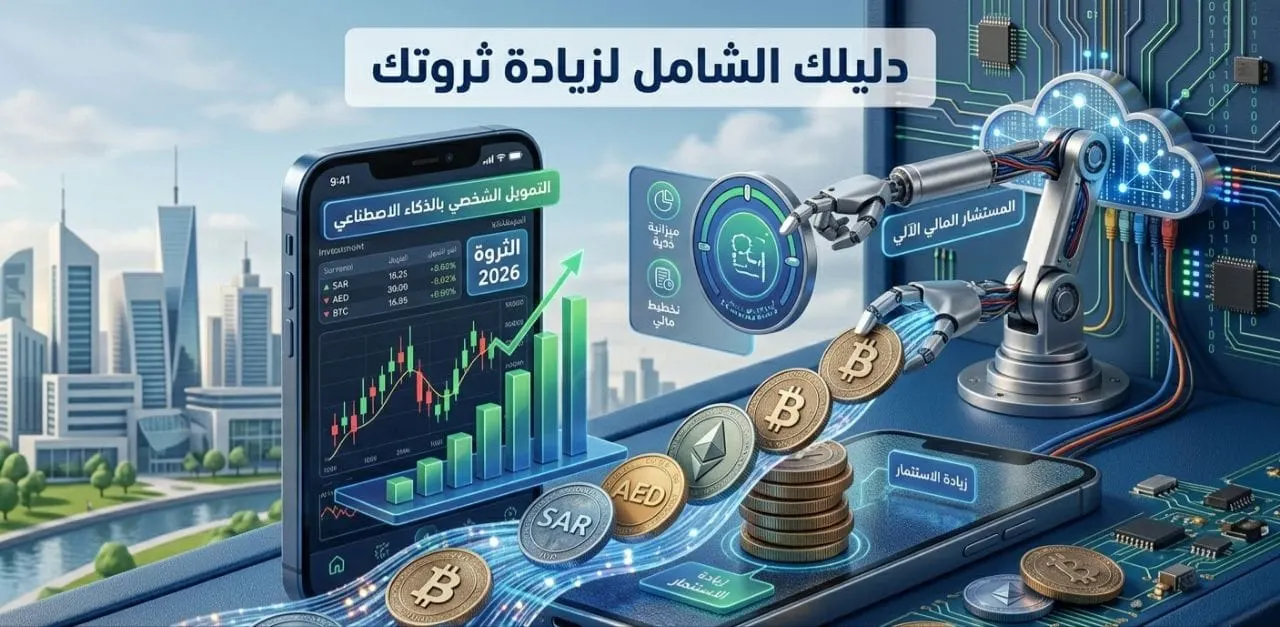 تصميم يوضح التمويل الشخصي بالذكاء الاصطناعي وأدوات التكنولوجيا المالية لزيادة الثروة.